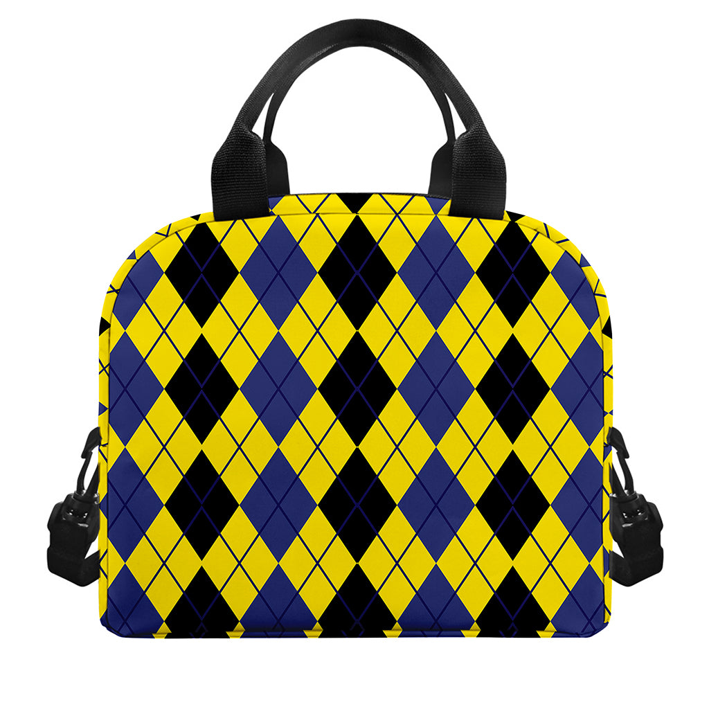 Black Blue And Yellow Argyle Print Insulated Lunch Bag