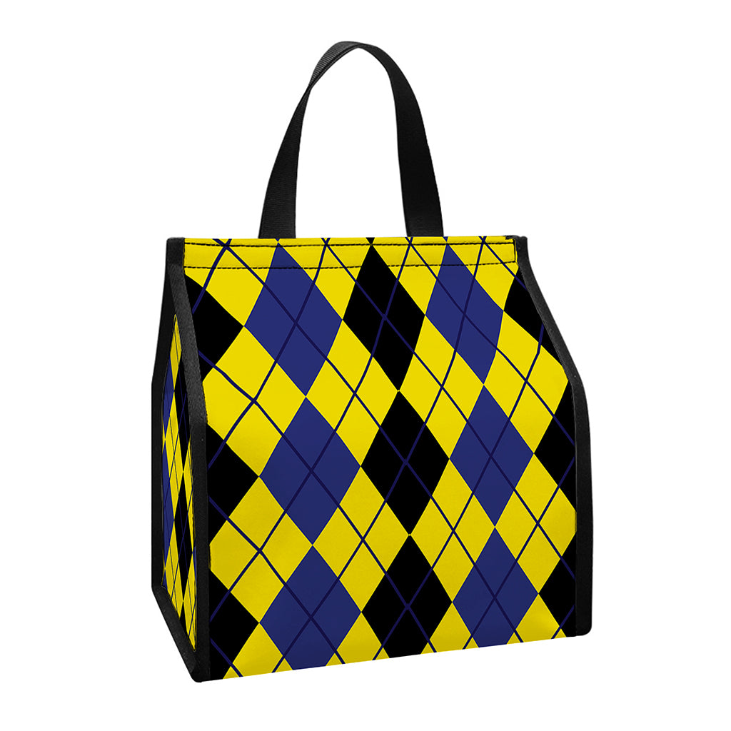 Black Blue And Yellow Argyle Print Insulated Lunch Tote
