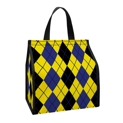Black Blue And Yellow Argyle Print Insulated Lunch Tote