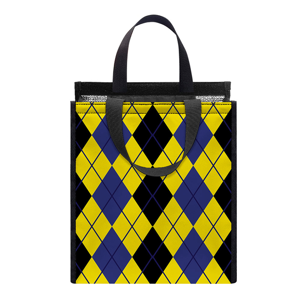 Black Blue And Yellow Argyle Print Insulated Lunch Tote