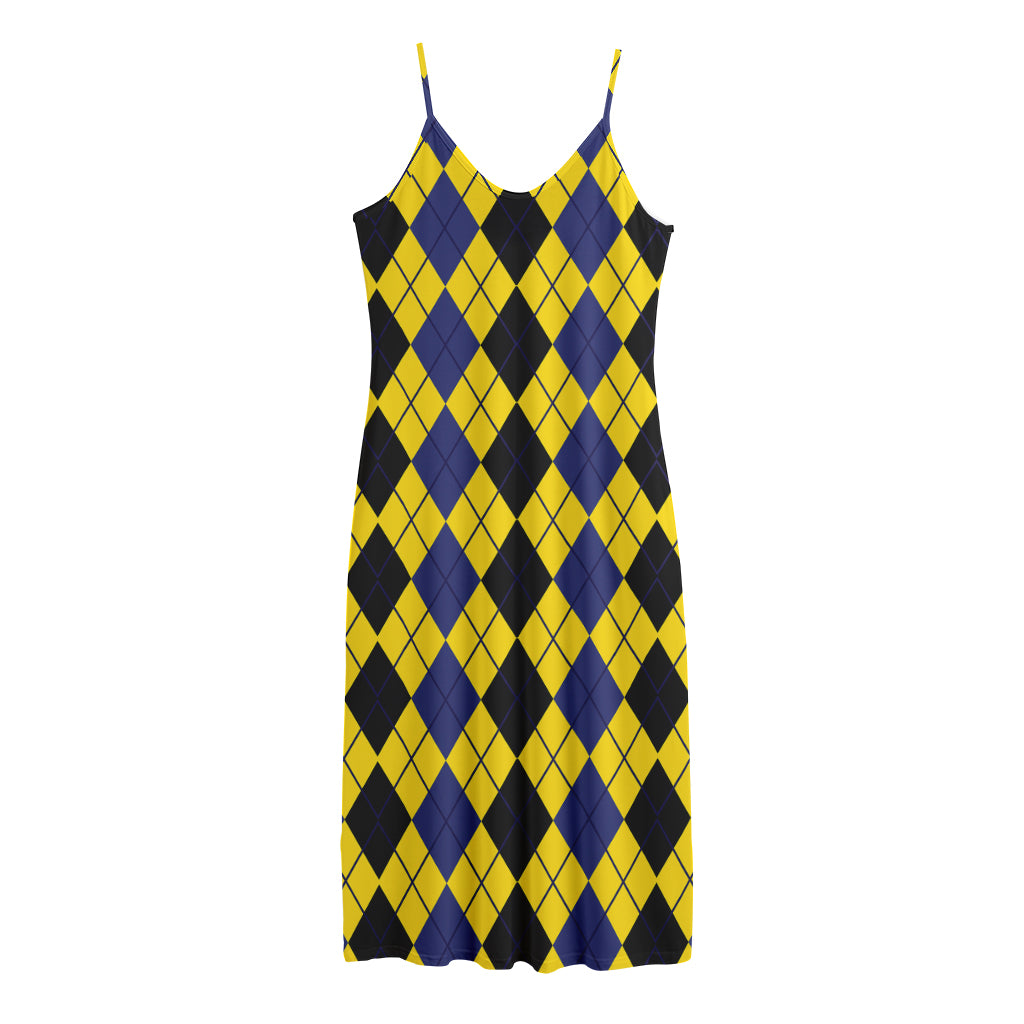 Black Blue And Yellow Argyle Print Jersey Midi Cami Dress