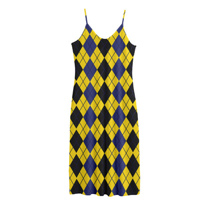 Black Blue And Yellow Argyle Print Jersey Midi Cami Dress