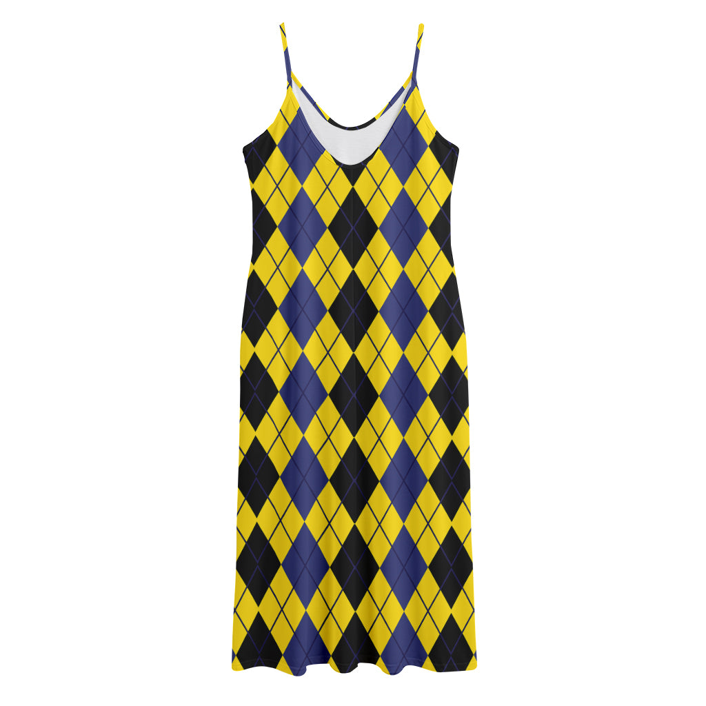 Black Blue And Yellow Argyle Print Jersey Midi Cami Dress