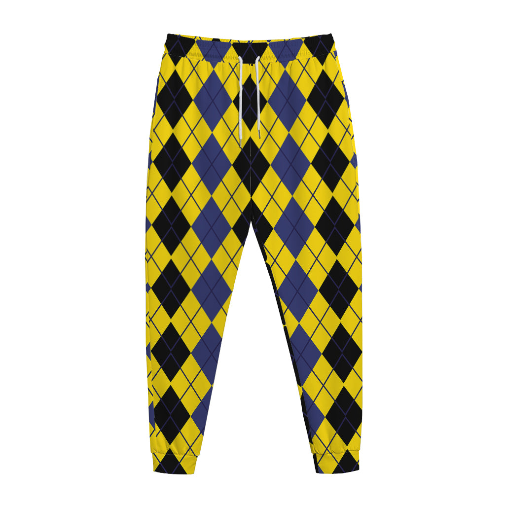 Black Blue And Yellow Argyle Print Jogger Pants