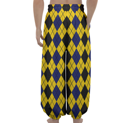 Black Blue And Yellow Argyle Print Lantern Pants