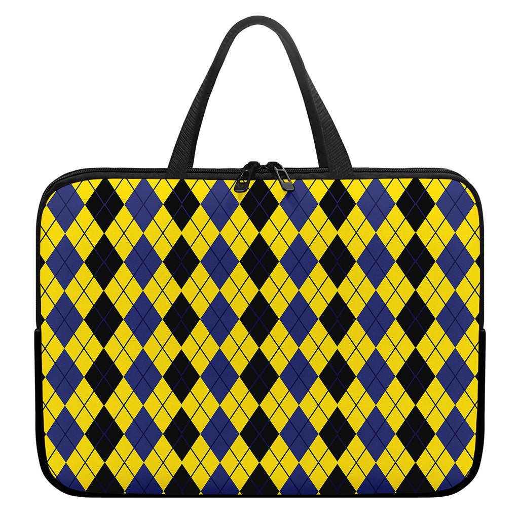 Black Blue And Yellow Argyle Print Laptop Sleeve With Handle