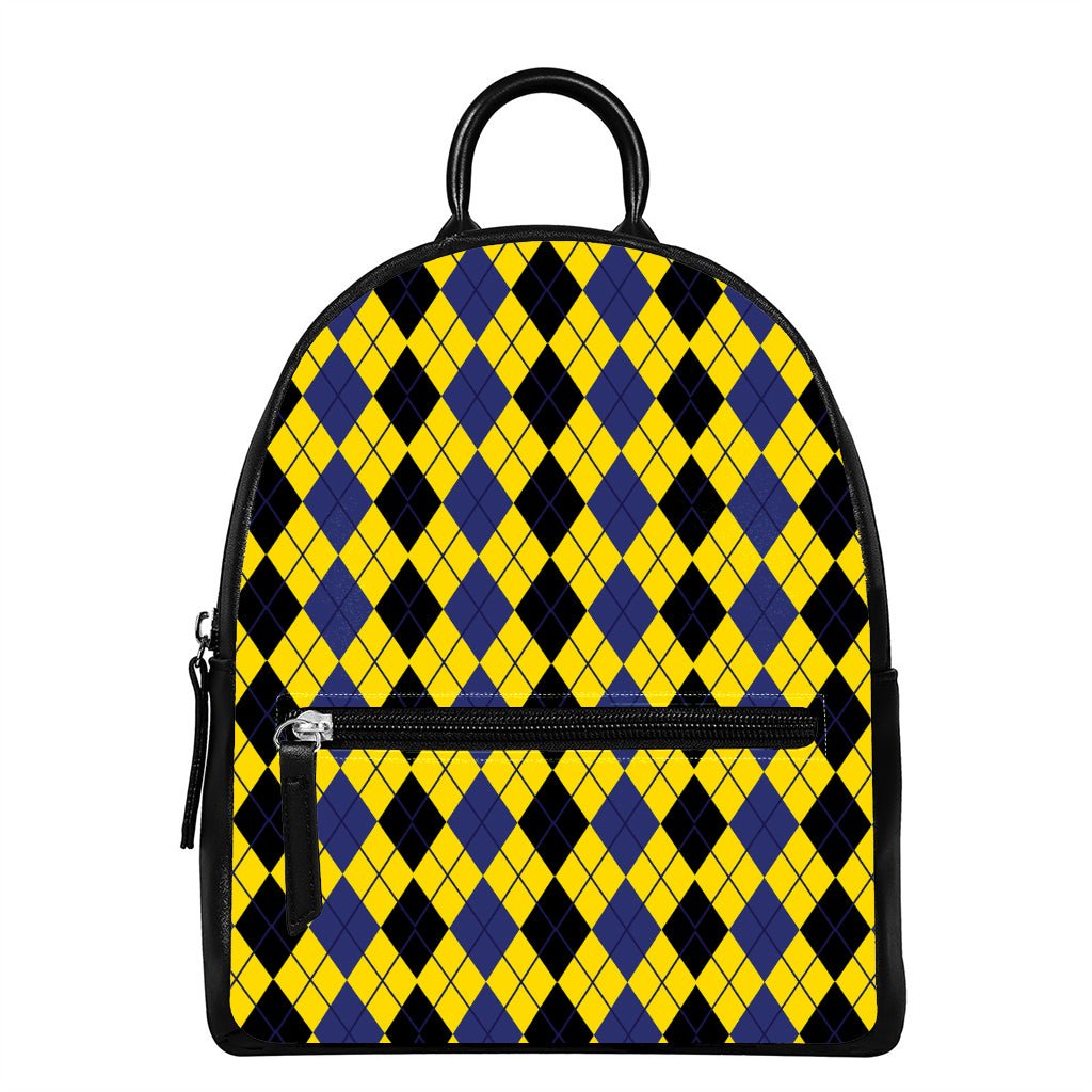 Black Blue And Yellow Argyle Print Leather Backpack