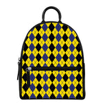Black Blue And Yellow Argyle Print Leather Backpack