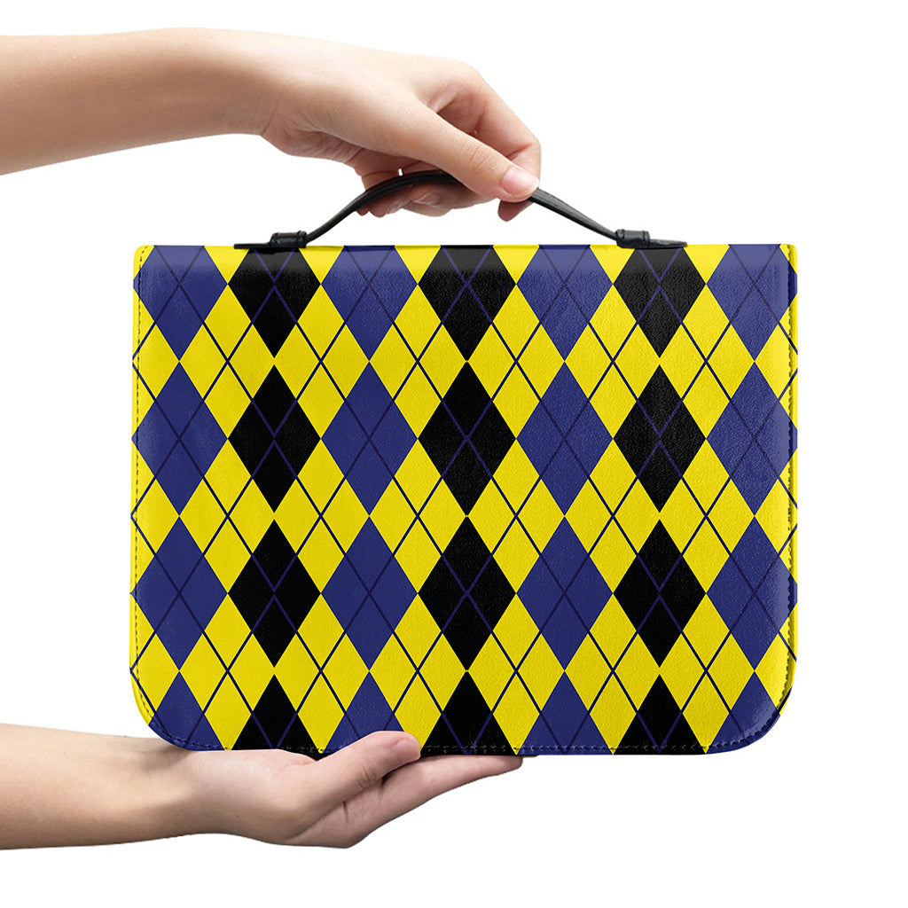 Black Blue And Yellow Argyle Print Leather Bible Cover