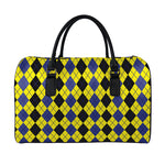 Black Blue And Yellow Argyle Print Leather Duffle Bag