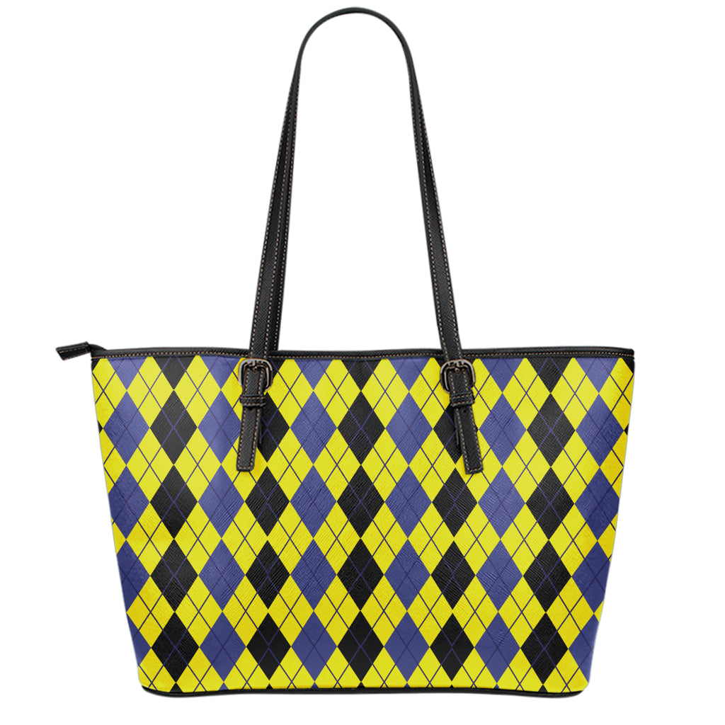 Black Blue And Yellow Argyle Print Leather Tote Bag