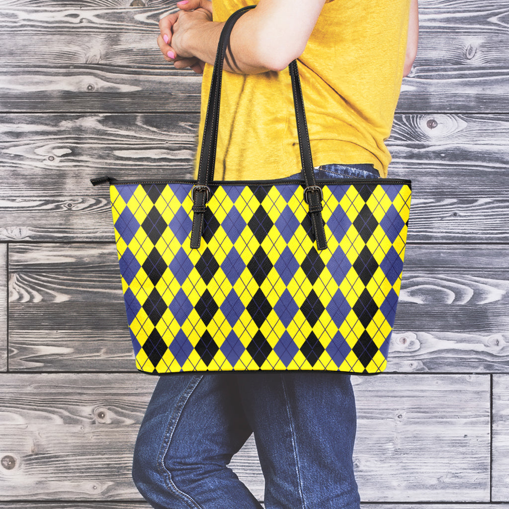 Black Blue And Yellow Argyle Print Leather Tote Bag