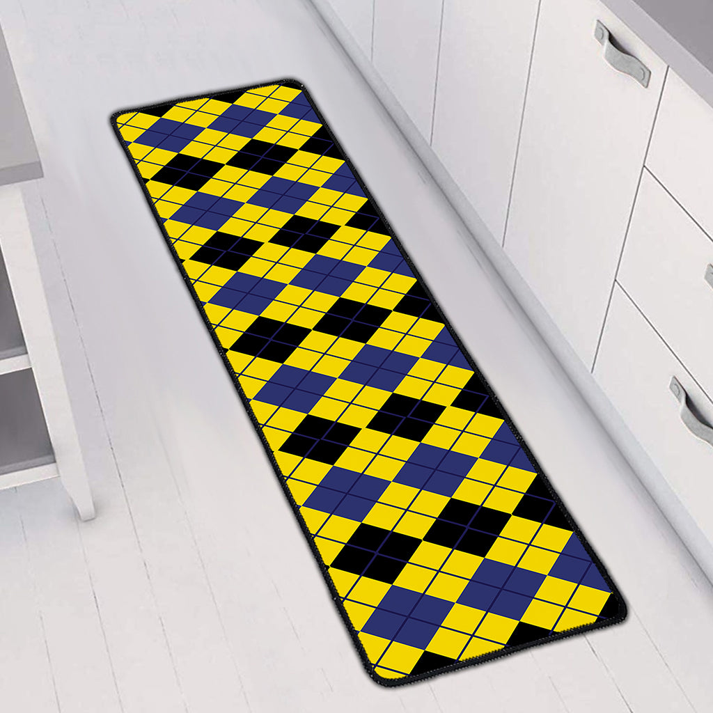 Black Blue And Yellow Argyle Print Long Kitchen Mat