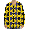 Black Blue And Yellow Argyle Print Long Sleeve Baseball Jersey