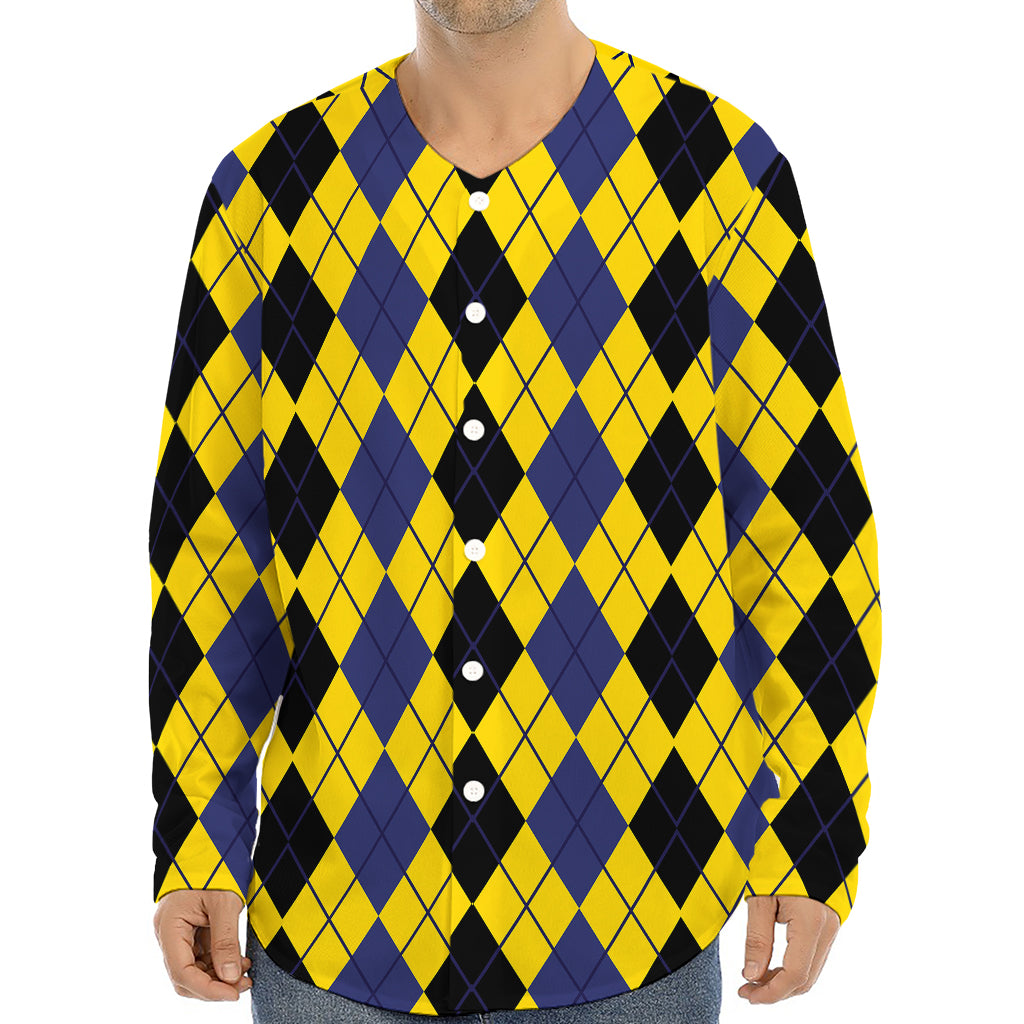 Black Blue And Yellow Argyle Print Long Sleeve Baseball Jersey