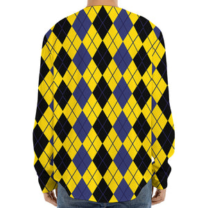 Black Blue And Yellow Argyle Print Long Sleeve Baseball Jersey