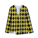 Black Blue And Yellow Argyle Print Long Sleeve Short Coat