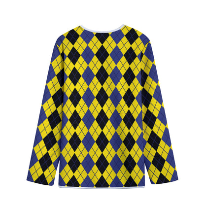Black Blue And Yellow Argyle Print Long Sleeve Short Coat