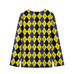 Black Blue And Yellow Argyle Print Long Sleeve Short Coat