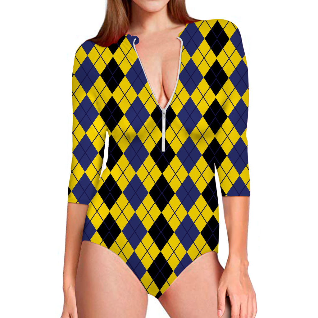 Black Blue And Yellow Argyle Print Long Sleeve Swimsuit