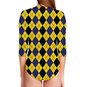 Black Blue And Yellow Argyle Print Long Sleeve Swimsuit