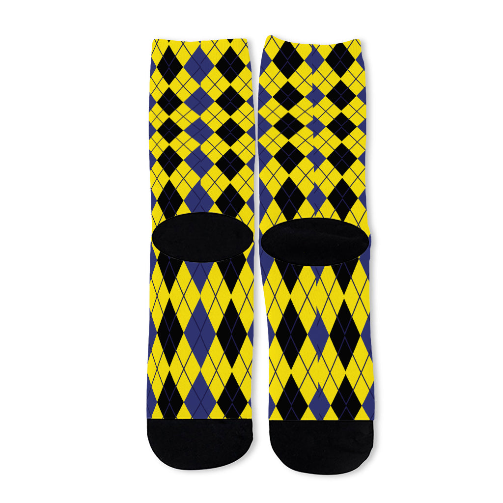 Black Blue And Yellow Argyle Print Long Socks
