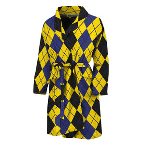 Black Blue And Yellow Argyle Print Men's Bathrobe