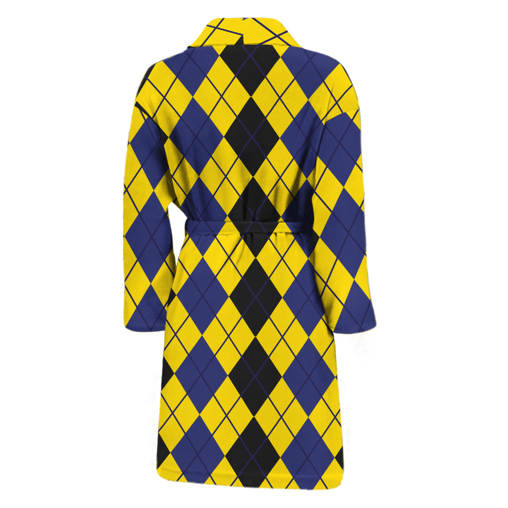 Black Blue And Yellow Argyle Print Men's Bathrobe