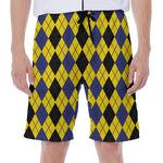 Black Blue And Yellow Argyle Print Men's Beach Shorts
