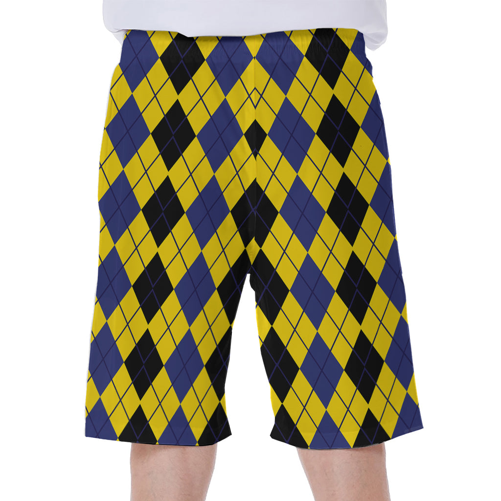 Black Blue And Yellow Argyle Print Men's Beach Shorts