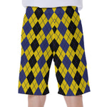 Black Blue And Yellow Argyle Print Men's Beach Shorts