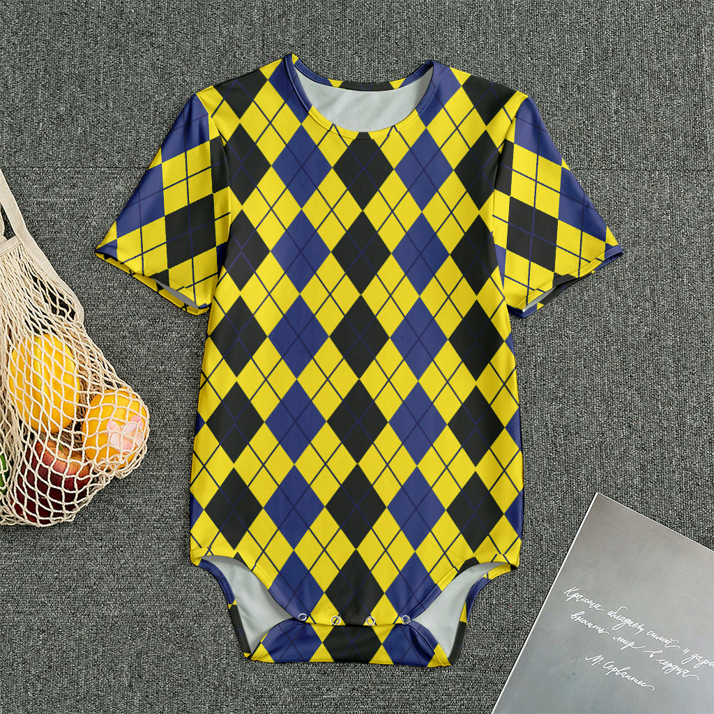 Black Blue And Yellow Argyle Print Men's Bodysuit