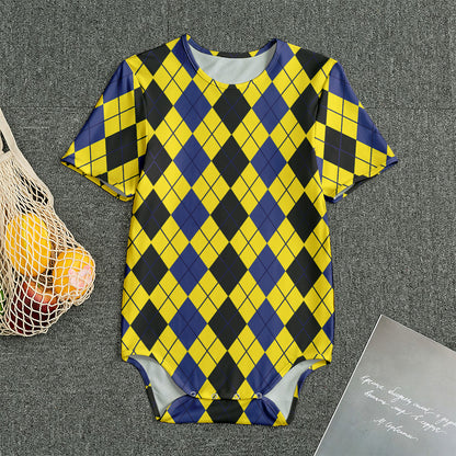 Black Blue And Yellow Argyle Print Men's Bodysuit