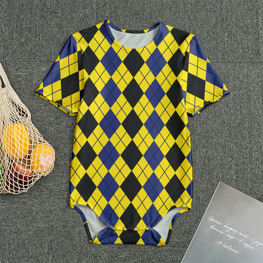 Black Blue And Yellow Argyle Print Men's Bodysuit
