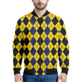 Black Blue And Yellow Argyle Print Men's Bomber Jacket