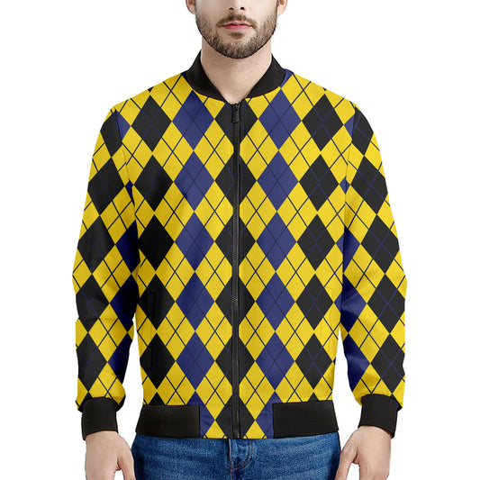 Black Blue And Yellow Argyle Print Men's Bomber Jacket