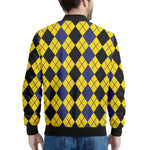 Black Blue And Yellow Argyle Print Men's Bomber Jacket