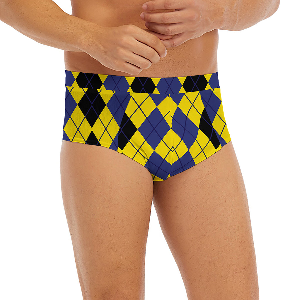 Black Blue And Yellow Argyle Print Men's Briefs
