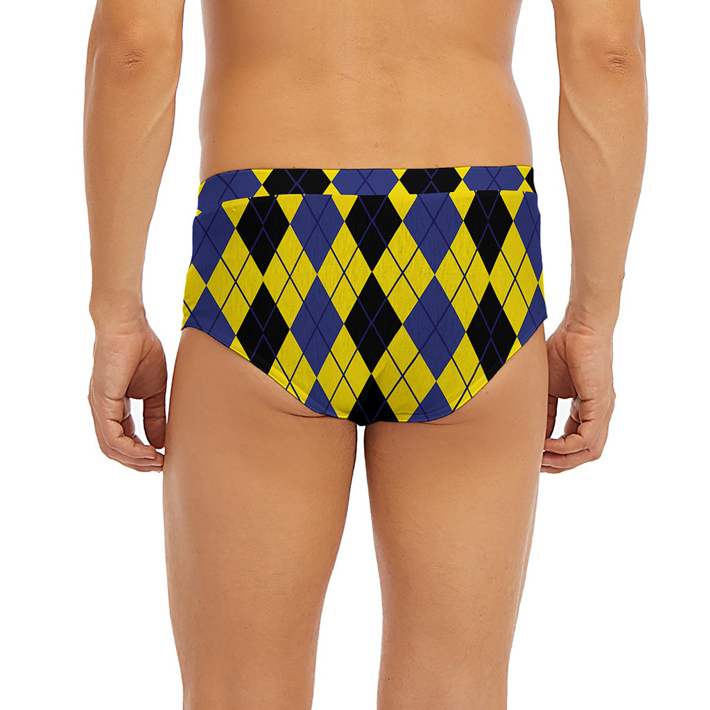 Black Blue And Yellow Argyle Print Men's Briefs