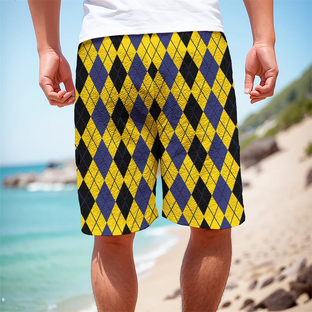 Black Blue And Yellow Argyle Print Men's Cargo Shorts