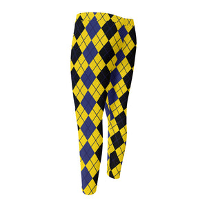 Black Blue And Yellow Argyle Print Men's Compression Pants