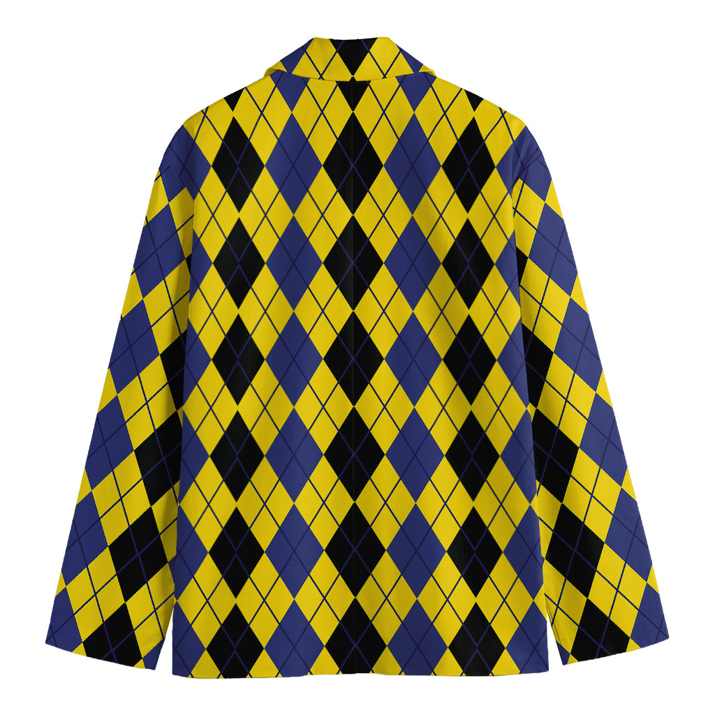 Black Blue And Yellow Argyle Print Men's Cotton Blazer