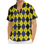 Black Blue And Yellow Argyle Print Men's Deep V-Neck Shirt
