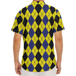 Black Blue And Yellow Argyle Print Men's Deep V-Neck Shirt