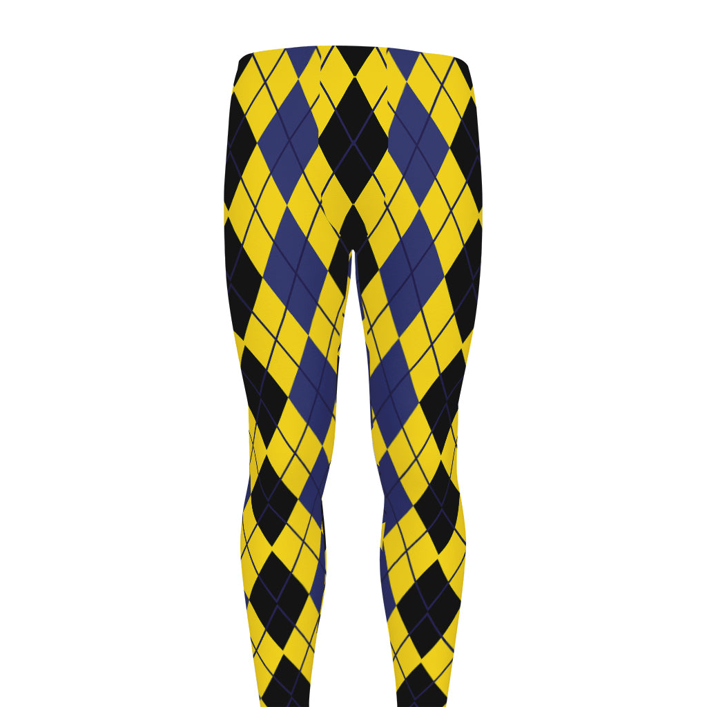 Black Blue And Yellow Argyle Print Men's leggings