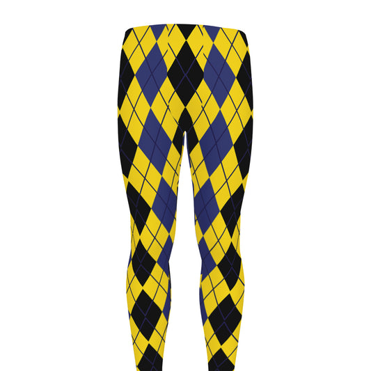 Black Blue And Yellow Argyle Print Men's leggings