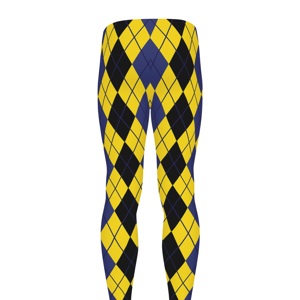 Black Blue And Yellow Argyle Print Men's leggings