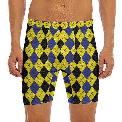 Black Blue And Yellow Argyle Print Men's Long Boxer Briefs