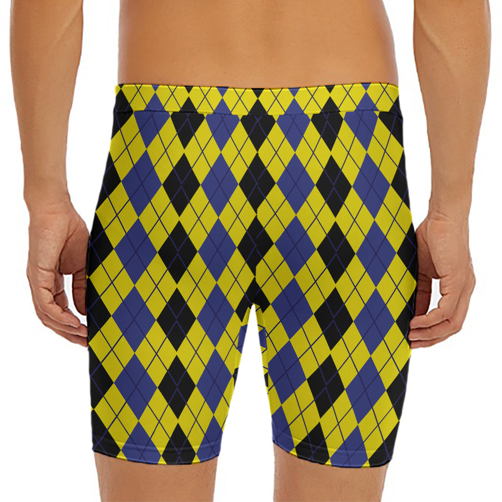 Black Blue And Yellow Argyle Print Men's Long Boxer Briefs