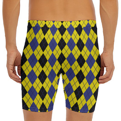 Black Blue And Yellow Argyle Print Men's Long Boxer Briefs